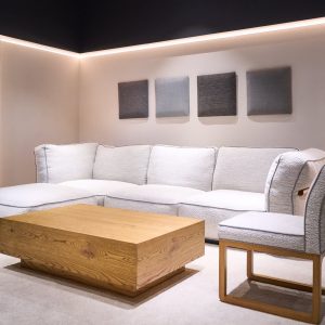 Bouclé sectional sofa in THG showroom