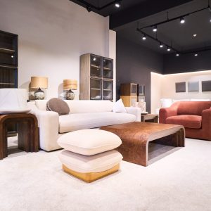 THG sofa showroom with fabric sofa, armchair and ottoman
