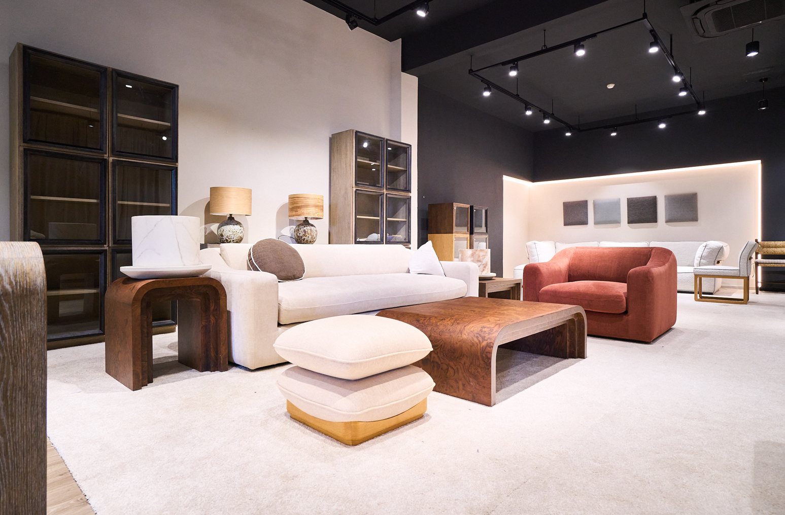 THG sofa showroom with fabric sofa, armchair and ottoman