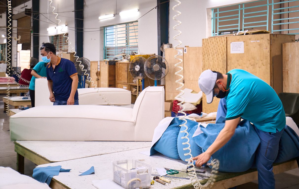 Fabric upholstery finishing of a sofa