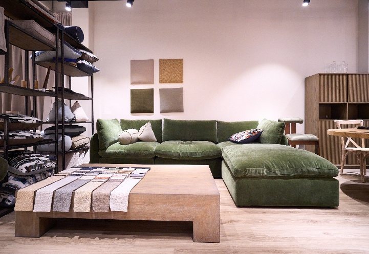 Green velvet modular sectional sofa by THG